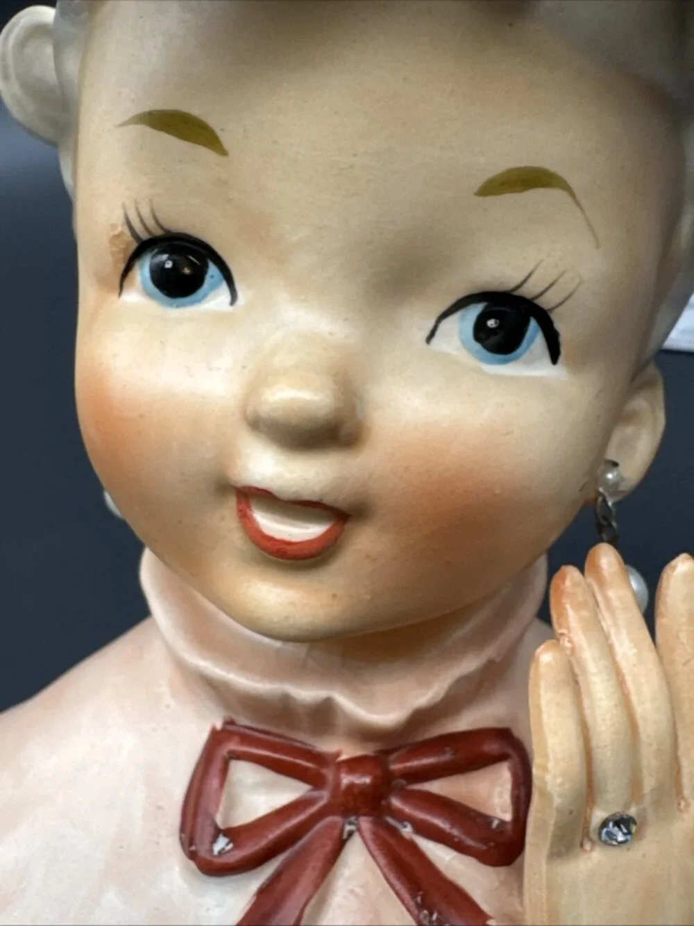 VTG 50’s Head Vase Pink Ponytail Pearl Earring Engagement Ring Bow Girl Ceramic